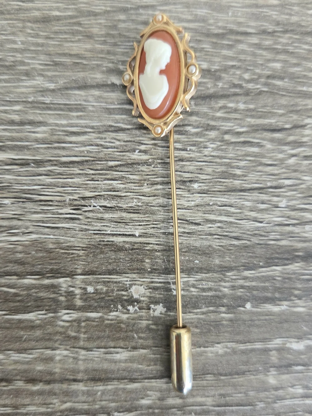 Vintage 1978 Avon Cameo Stickpin Stick Hat Pin Tiny Faux Pearl Accents.